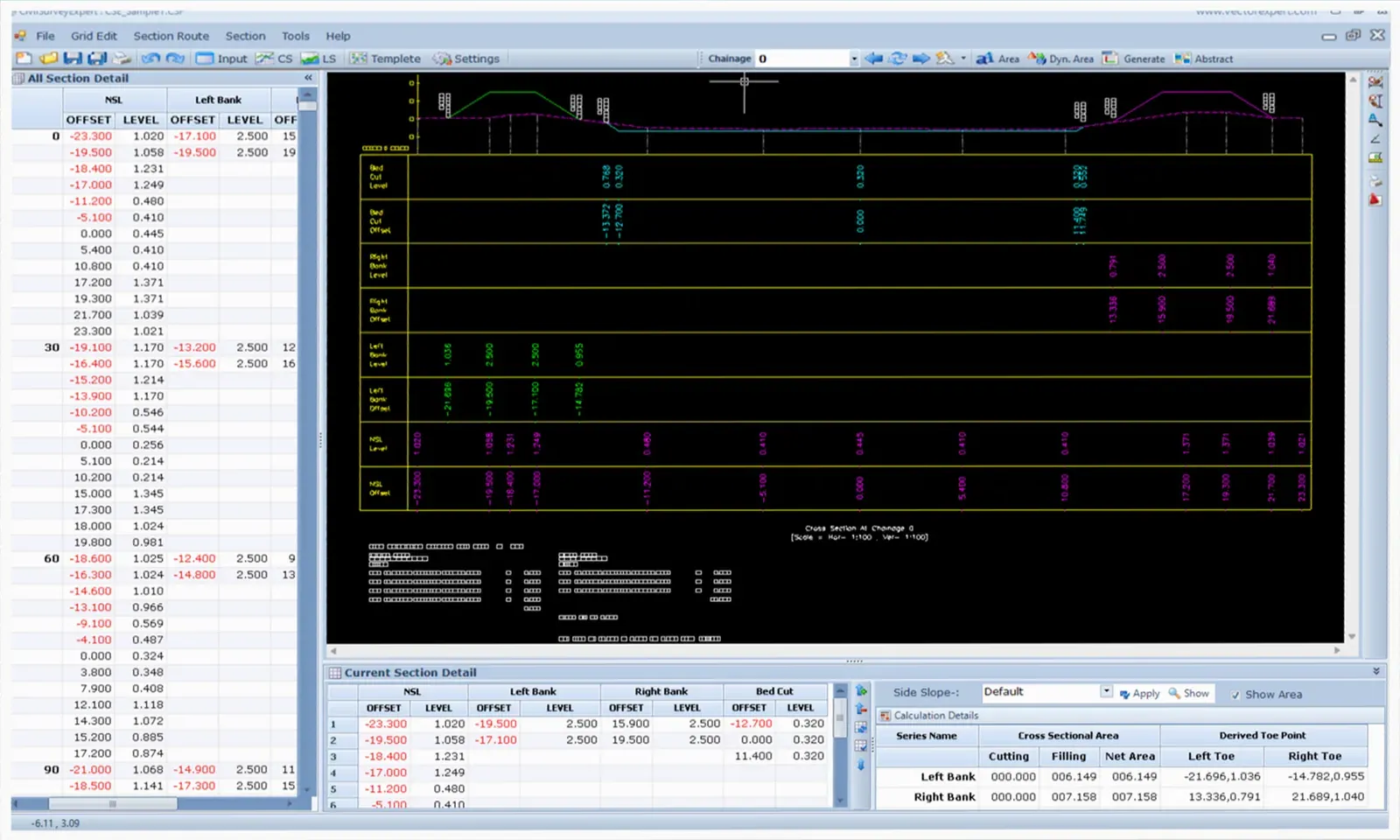 Section editor with all-section grid, CAD view of a cross-section and area details