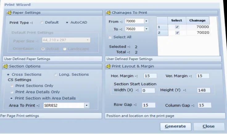 Print wizard with paper, chainage range, section options and layout